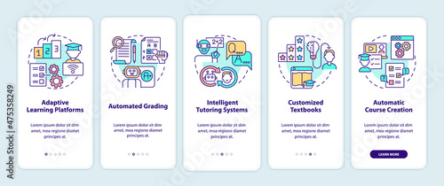 Automation of education onboarding mobile app screen set. AI walkthrough 5 steps graphic instructions pages with linear concepts. UI, UX, GUI template. Myriad Pro-Bold, Regular fonts used