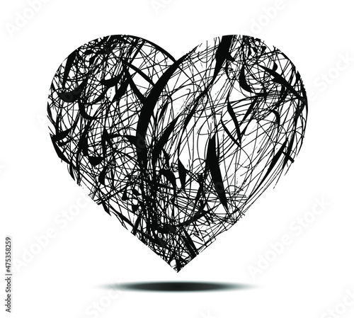 Abstract black and white vector heart shaped messy lines isolated on white background. 