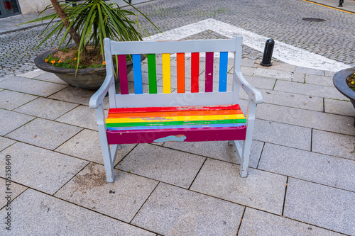 Urban bench decorated with the colors of the LGTBI flag placed by the concello of Cambados. photo