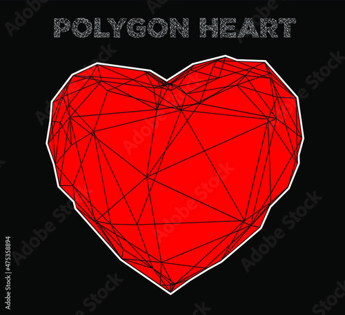 Abstract vector seamless pattern of white geometric polygonal love heart wire lines on red background.