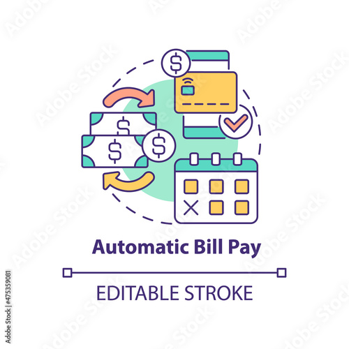 Automatic bill pay concept icon. Automated banking systems abstract idea thin line illustration. Isolated outline drawing. Editable stroke. Roboto-Medium, Myriad Pro-Bold fonts used