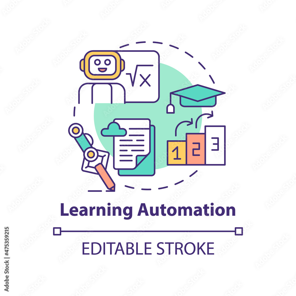 Learning automation concept icon. Education technology and innovation abstract idea thin line illustration. Isolated outline drawing. Editable stroke. Roboto-Medium, Myriad Pro-Bold fonts used