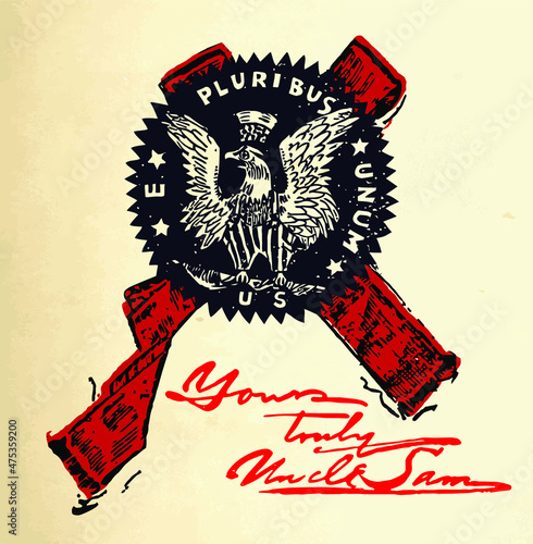 E pluribus Unum seal in vintage style illustration with uncle Sam signature.