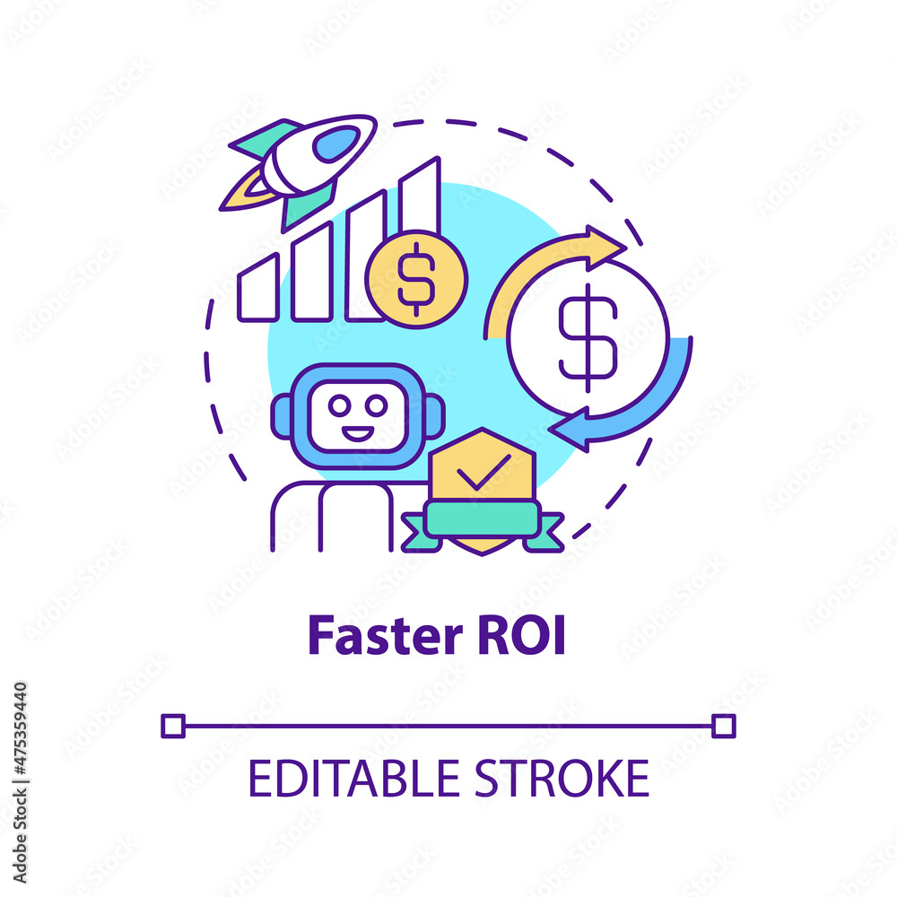 Faster ROI concept icon. Automated process. Return on investment abstract idea thin line illustration. Isolated outline drawing. Editable stroke. Roboto-Medium, Myriad Pro-Bold fonts used Faster ROI concept icon. Automated process. Return on investment abstract idea thin line illustration. Isolated outline drawing. Editable stroke. Roboto-Medium, Myriad Pro-Bold fonts used