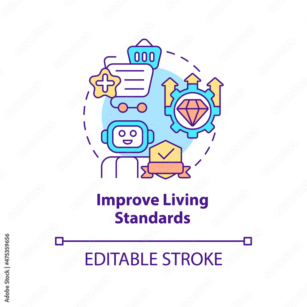 Improve living standards concept icon. Positive impact of automation abstract idea thin line illustration. Isolated outline drawing. Editable stroke. Roboto-Medium, Myriad Pro-Bold fonts used Improve living standards concept icon. Positive impact of automation abstract idea thin line illustration. Isolated outline drawing. Editable stroke. Roboto-Medium, Myriad Pro-Bold fonts used