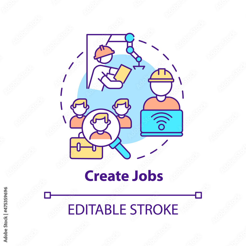 Create jobs concept icon. Workplace creation. Automation advantages abstract idea thin line illustration. Isolated outline drawing. Editable stroke. Roboto-Medium, Myriad Pro-Bold fonts used