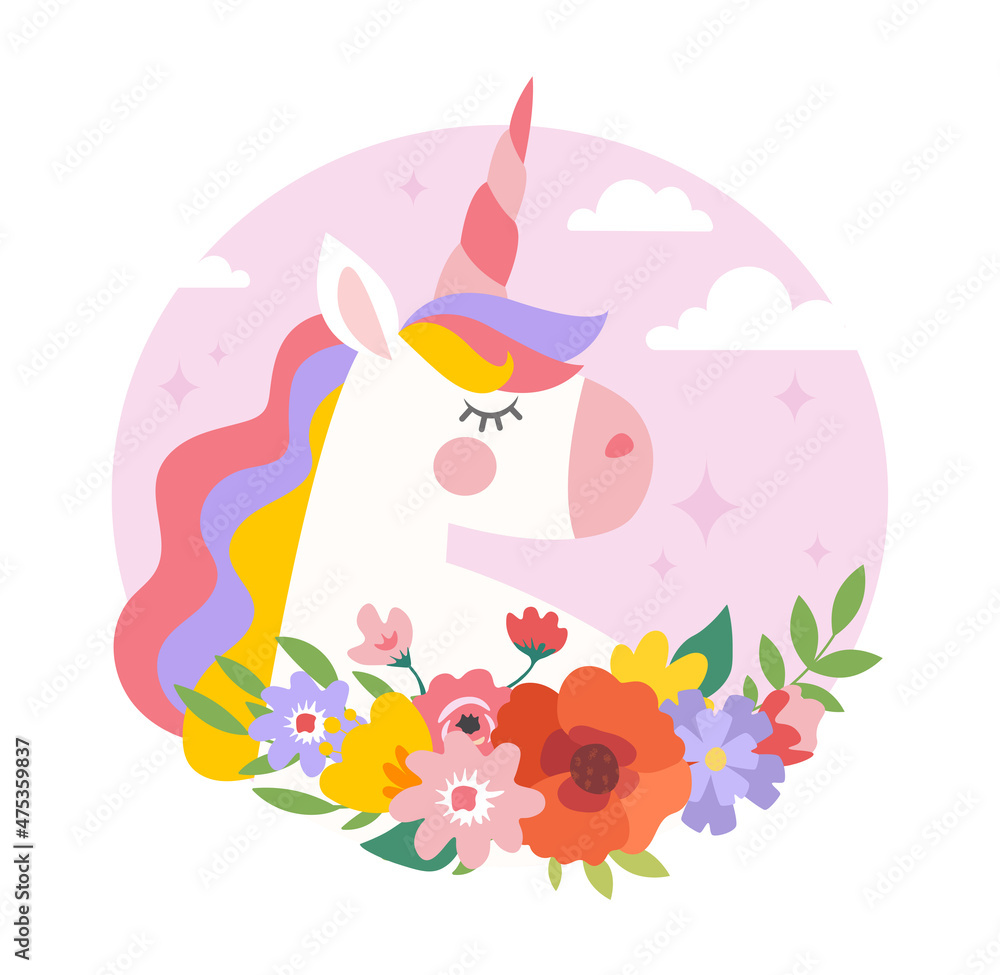 Obraz premium Unicorn in pink circle. Cute character for girls, beautiful icon for children, graphic elements for printing on fabric. Fantasy heroes, fictional creatures, rainbow. Cartoon flat vector illustration