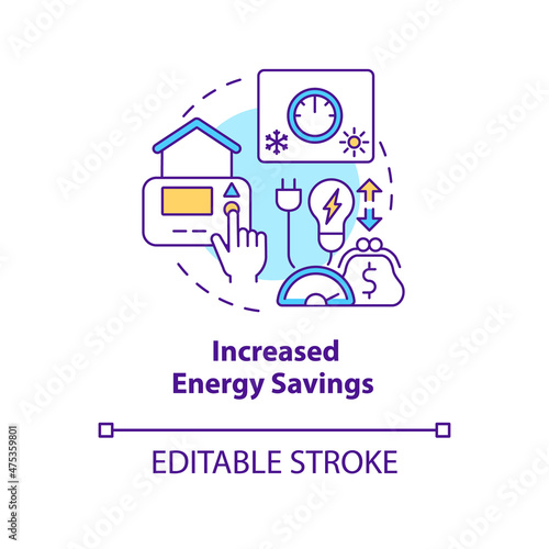 Increased energy savings concept icon. Home automation advantages abstract idea thin line illustration. Isolated outline drawing. Editable stroke. Roboto-Medium, Myriad Pro-Bold fonts used