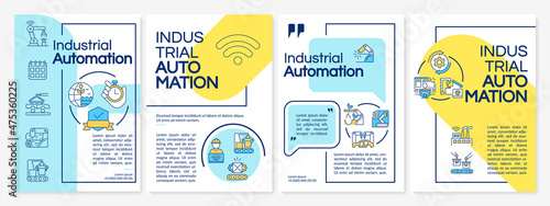 Industrial automation yellow, blue brochure template. Booklet print design with linear icons. Vector layouts for presentation, annual reports, ads. Arial Black, Myriad Pro Regular fonts used