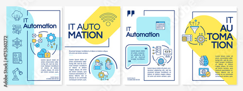 IT automation yellow, blue brochure template. Computer program. Booklet print design with linear icons. Vector layouts for presentation, annual reports, ads. Arial Black, Myriad Pro Regular fonts used