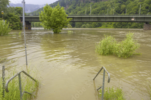 flood due to heavy rainfall at Neckargemund at the Neckar river in southern Germany photo
