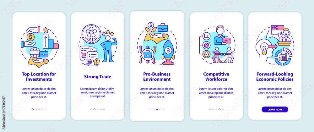 Business in Singapore onboarding mobile app screen. Strong trade walkthrough 5 steps graphic instructions pages with linear concepts. UI, UX, GUI template. Myriad Pro-Bold, Regular fonts used
