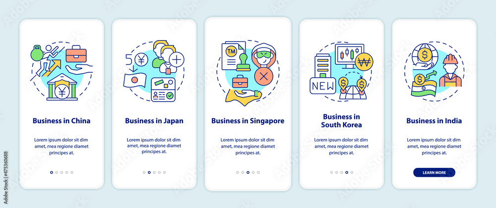 Best countries to start business in onboarding mobile app screen. Walkthrough 5 steps graphic instructions pages with linear concepts. UI, UX, GUI template. Myriad Pro-Bold, Regular fonts used Best countries to start business in onboarding mobile app screen. Walkthrough 5 steps graphic instructions pages with linear concepts. UI, UX, GUI template. Myriad Pro-Bold, Regular fonts used