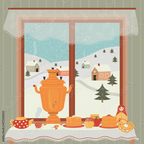 Maslenitsa or Shrovetide. Russian holiday. A table near the window, with pancakes, samovar, jam, matryoshka doll. Fastive celebrations. 