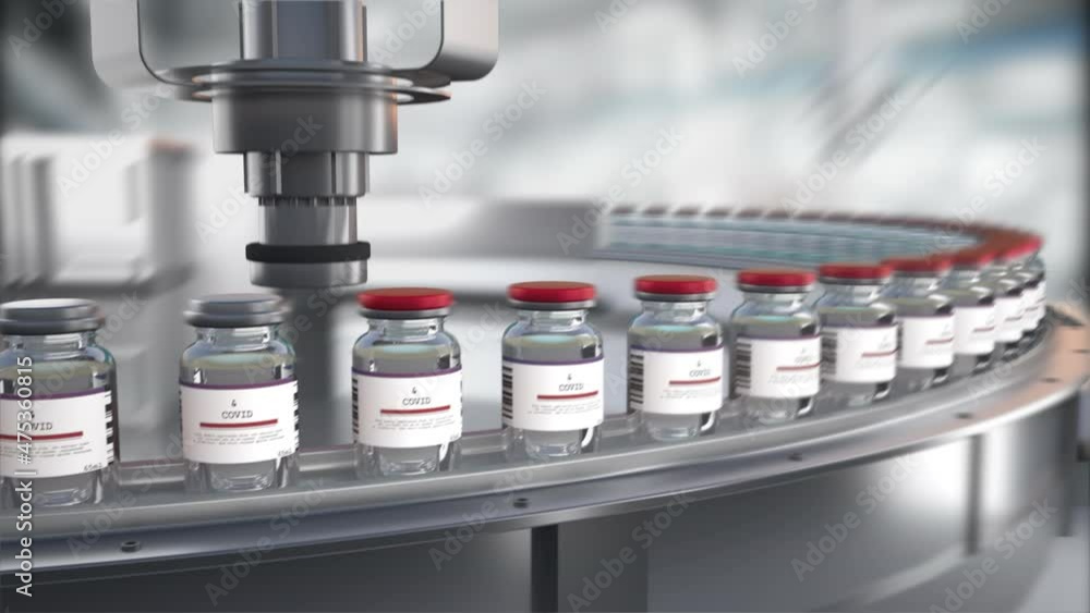 SARS-COV-2 COVID-19 Coronavirus Vaccine Mass Production in Laboratory, Bottles with Branded Labels Move on Pharmaceutical Conveyor Belt in Research Lab. Medicine Against SARS-CoV-2, Loopable Footage SARS-COV-2 COVID-19 Coronavirus Vaccine Mass Production in Laboratory, Bottles with Branded Labels Move on Pharmaceutical Conveyor Belt in Research Lab. Medicine Against SARS-CoV-2, Loopable Footage