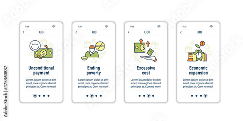 Universal basic income onboarding mobile app screens. Tax declaration, economic growth. Inequality and inflation. Global economy steps menu. Set of UI, UX, web template with RGB color linear icons