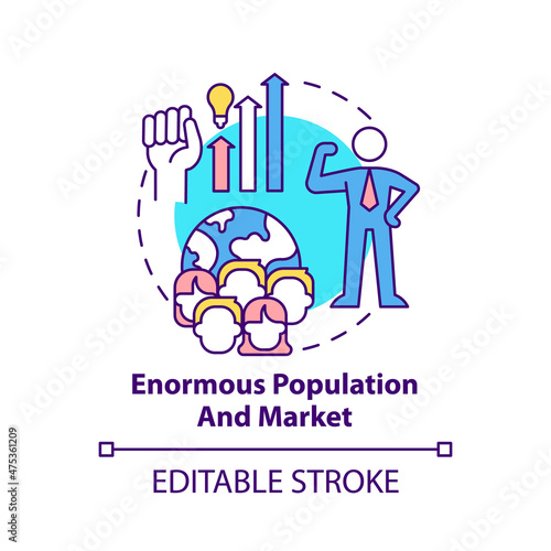 Enormous population and market concept icon. Relocating business to Asia abstract idea thin line illustration. Isolated outline drawing. Editable stroke. Roboto-Medium, Myriad Pro-Bold fonts used
