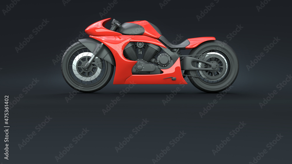 Red motorcycle on a dark background with copy space for text. Sport bike concept. Sci-fi superbike. Modern high-speed transport. 3D render