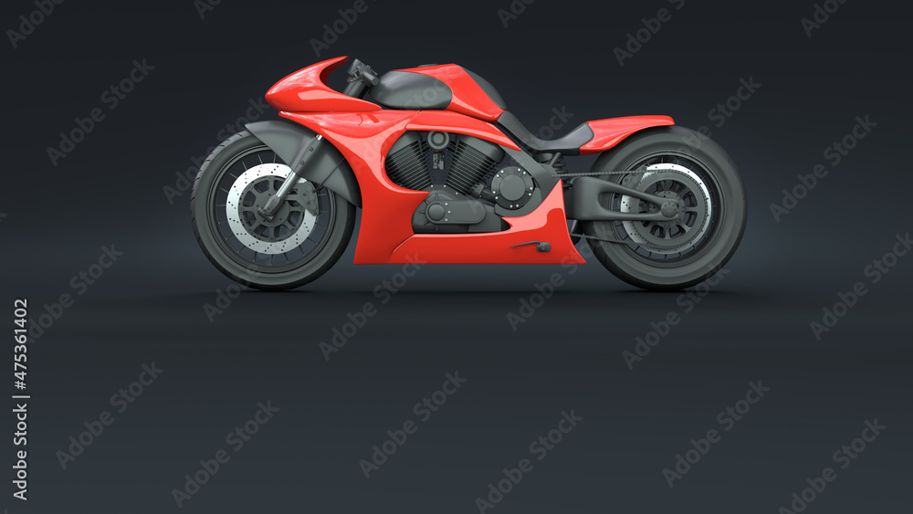 Red motorcycle on a dark background with copy space for text. Sport bike concept. Sci-fi superbike. Modern high-speed transport. 3D render Red motorcycle on a dark background with copy space for text. Sport bike concept. Sci-fi superbike. Modern high-speed transport. 3D render