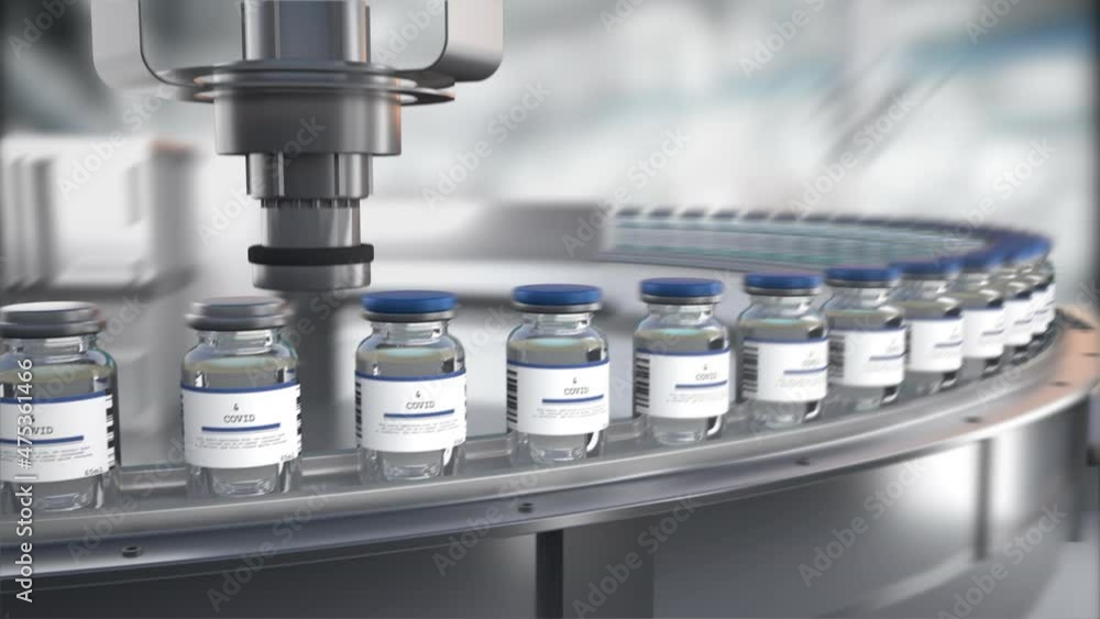 SARS-COV-2 COVID-19 Coronavirus Vaccine Mass Production in Laboratory, Bottles with Branded Labels Move on Pharmaceutical Conveyor Belt in Research Lab. Medicine Against SARS-CoV-2, Loopable Footage SARS-COV-2 COVID-19 Coronavirus Vaccine Mass Production in Laboratory, Bottles with Branded Labels Move on Pharmaceutical Conveyor Belt in Research Lab. Medicine Against SARS-CoV-2, Loopable Footage
