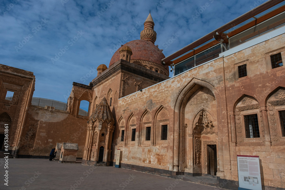 Lateral view of main dome of mosque , Ishakpasa (Ishak Pasha) palace with the beatiful sky - Dogubayazit, Turkey