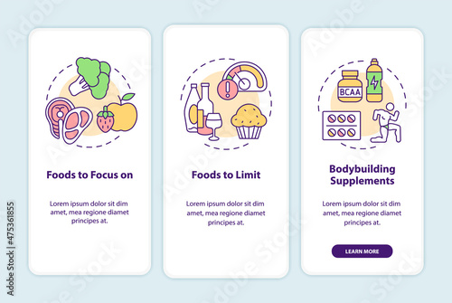 Bodybuilding nutrition onboarding mobile app screen. Fitness walkthrough 3 steps graphic instructions pages with linear concepts. UI, UX, GUI template. Myriad Pro-Bold, Regular fonts used