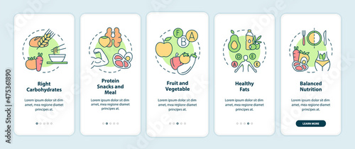 Right food for exercises onboarding mobile app screen. Diet walkthrough 5 steps graphic instructions pages with linear concepts. UI, UX, GUI template. Myriad Pro-Bold, Regular fonts used