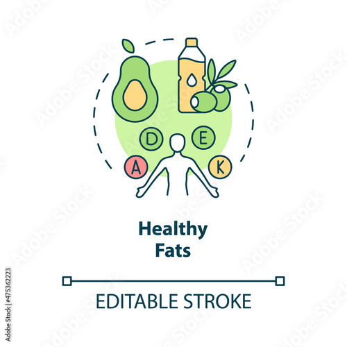 Healthy fats concept icon. Natural food products for wellbeing abstract idea thin line illustration. Isolated outline drawing. Editable stroke. Roboto-Medium, Myriad Pro-Bold fonts used