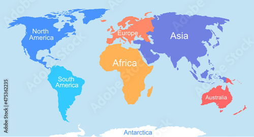 Continents Of The World  Africa  Asia  Australia  Antarctica  Europe  North America  South America colorful map illustration