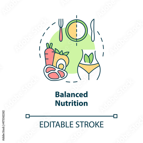 Balanced nutrition concept icon. Fitness and healthcare lifestyle diet abstract idea thin line illustration. Isolated outline drawing. Editable stroke. Roboto-Medium, Myriad Pro-Bold fonts used
