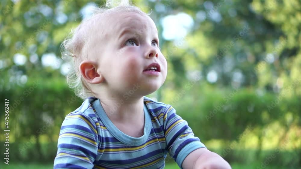 Portrait of blonde little boy posing outside. Cute snub-nosed blue-eyed toddler looking up outdoor summer portrait Portrait of blonde little boy posing outside. Cute snub-nosed blue-eyed toddler looking up outdoor summer portrait
