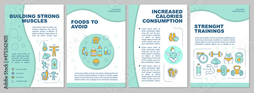 Building strong muscles tips mint brochure template. Booklet print design with linear icons. Vector layouts for presentation, annual reports, ads. Arial, Myriad Pro-Regular fonts used