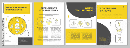 Dietary supplements yellow brochure template. Fit lifestyle. Booklet print design with linear icons. Vector layouts for presentation, annual reports, ads. Arial, Myriad Pro-Regular fonts used
