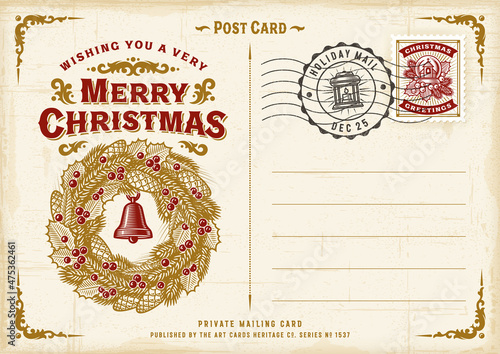 Vintage Merry Christmas Postcard. Editable EPS10 vector illustration in retro woodcut style with gradient mesh and transparency.