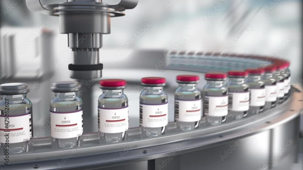 SARS-COV-2 COVID-19 Coronavirus Vaccine Mass Production in Laboratory, Bottles with Branded Labels Move on Pharmaceutical Conveyor Belt in Research Lab. Medicine Against SARS-CoV-2, Loopable Footage.. SARS-COV-2 COVID-19 Coronavirus Vaccine Mass Production in Laboratory, Bottles with Branded Labels Move on Pharmaceutical Conveyor Belt in Research Lab. Medicine Against SARS-CoV-2, Loopable Footage..