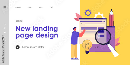 Creator publishing new digital content. Man holding web page, adding information on website flat vector illustration. Digital content, management concept for banner, website design or landing web page