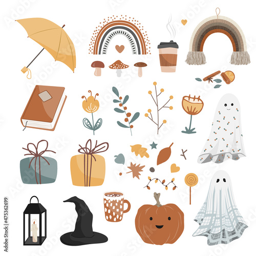Autumn mood and Halloween vector design elements. Cute ghosts, floral branches, pumpkin leaves, gift boxes, and witch hat, and mushrooms. October vibes icons or stickers
