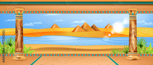 Egypt desert landscape, old stone column ornament, vector ancient Egyptian pharaoh temple background. Pyramid monument tomb nature view, palm leaf, sand dune. Egypt panoramic game landscape, blue sky