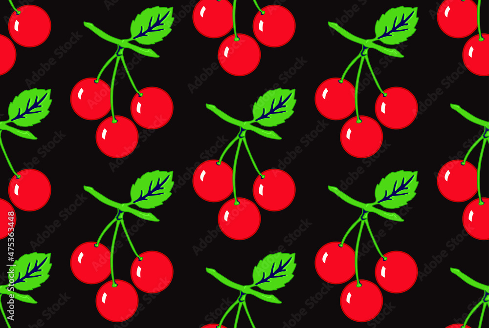 Vector seamless pattern of red shiny cherries on dark background. Vector seamless pattern of red shiny cherries on dark background.