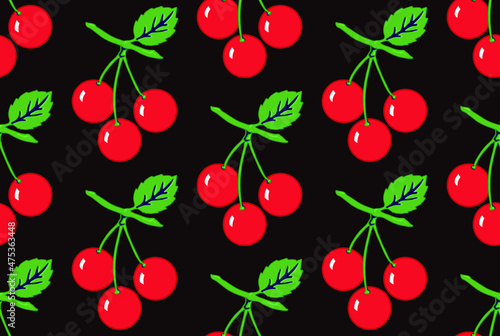 Vector seamless pattern of red shiny cherries on dark background.