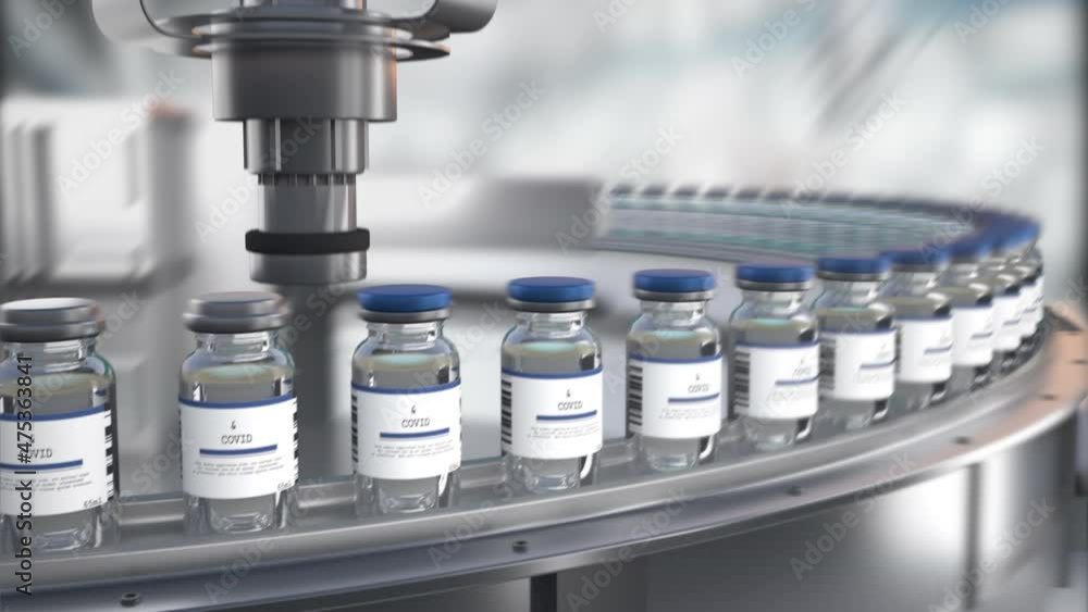 SARS-COV-2 COVID-19 Coronavirus Vaccine Mass Production in Laboratory, Bottles with Branded Labels Move on Pharmaceutical Conveyor Belt in Research Lab. Medicine Against SARS-CoV-2, Loopable Footage.. SARS-COV-2 COVID-19 Coronavirus Vaccine Mass Production in Laboratory, Bottles with Branded Labels Move on Pharmaceutical Conveyor Belt in Research Lab. Medicine Against SARS-CoV-2, Loopable Footage..