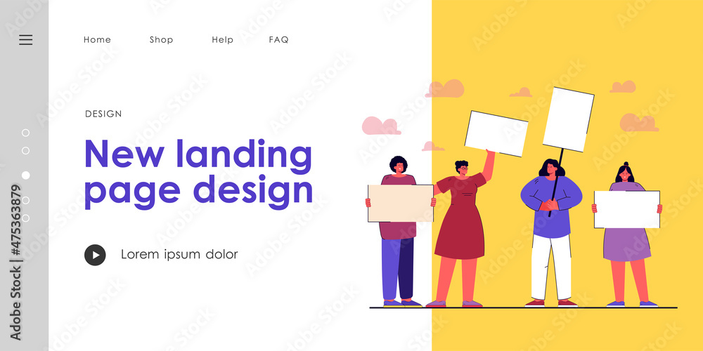 Group of women with banners protesting. Female characters fighting for equality and rights flat vector illustration. Feminism, gender equality concept for banner, website design or landing web page