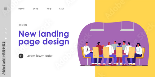 Business people or politicians sitting around table in boardroom. Flat vector illustration. .Team of men and women talking with leader or ceo. Negotiation, teamwork, session concept for banner design