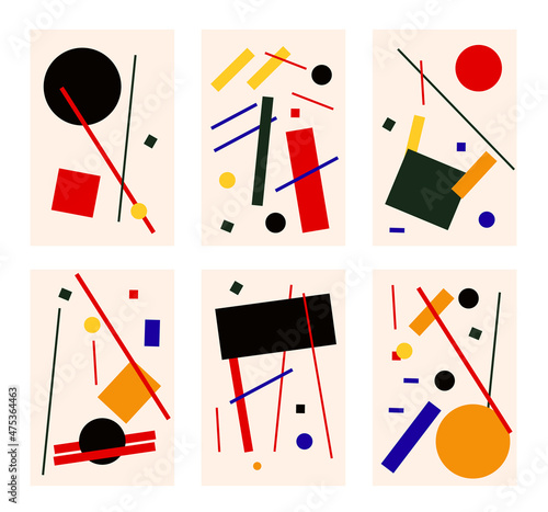 Six abstract suprematism compositions, vintage retro paintings in suprematism style photo