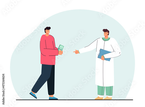 Doctor pointing index finger at money that patient holding. Male character paying for medical services flat vector illustration. Health care concept for banner, website design or landing web page © PCH.Vector