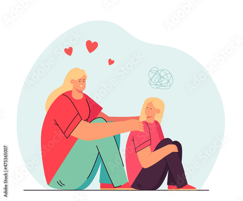 Mother helping puzzled daughter to cope with problem. Parent supporting child flat vector illustration. Parenthood, family relationship concept for banner, website design or landing web page