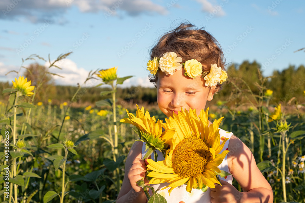 Girl 5 years old, Caucasian, happy on the field with sunflowers and smiling. Girl in the rays of the setting sun. Girl 5 years old, Caucasian, happy on the field with sunflowers and smiling. Girl in the rays of the setting sun.
