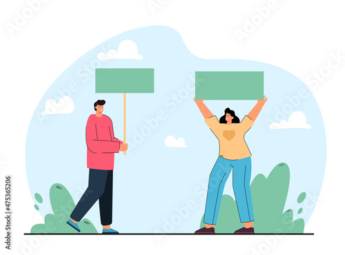 Young man and woman holding placards in hands. People organizing demonstration or meeting flat vector illustration. Human rights struggling concept for banner, website design or landing web page