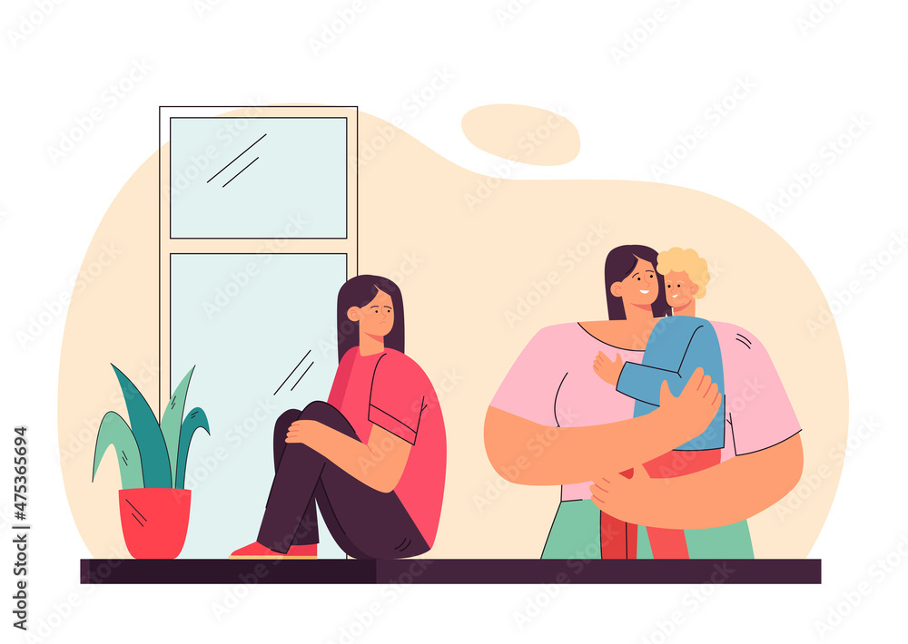 Sad daughter looking at mother holding her son. Girl jealous of her mother flat vector illustration. Family relationship, sibling rivalry concept for banner, website design or landing web page