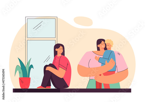 Sad daughter looking at mother holding her son. Girl jealous of her mother flat vector illustration. Family relationship, sibling rivalry concept for banner, website design or landing web page